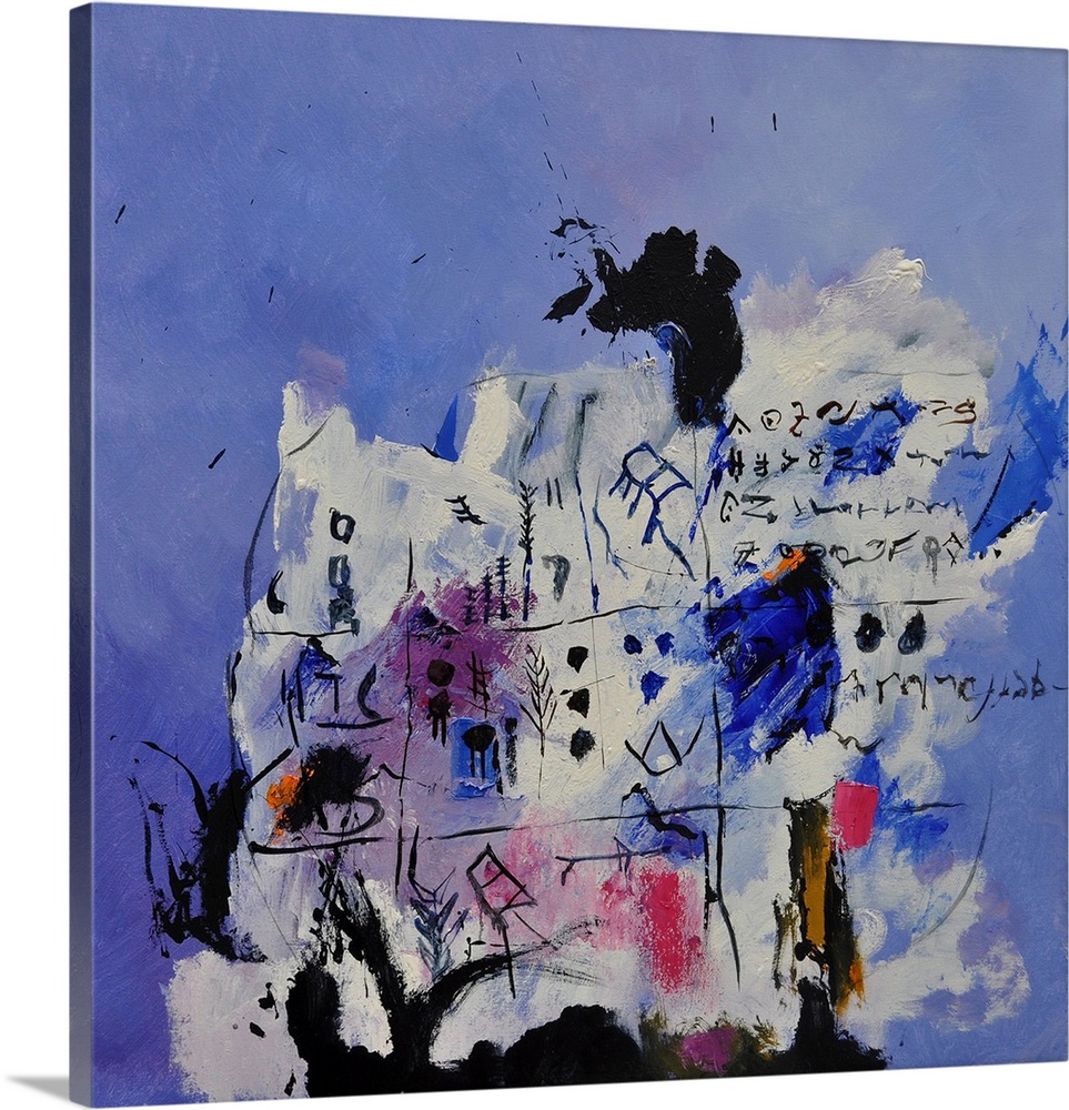 Abstract painting in shades of blue, pink, purple, and white mixed in with black contrasting designs.