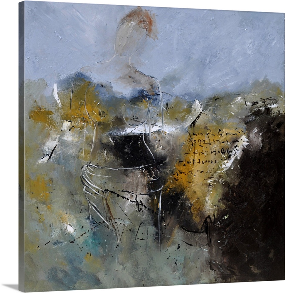 A square abstract painting in dark shades of black, gray, white and yellow with splatters of paint overlapping.