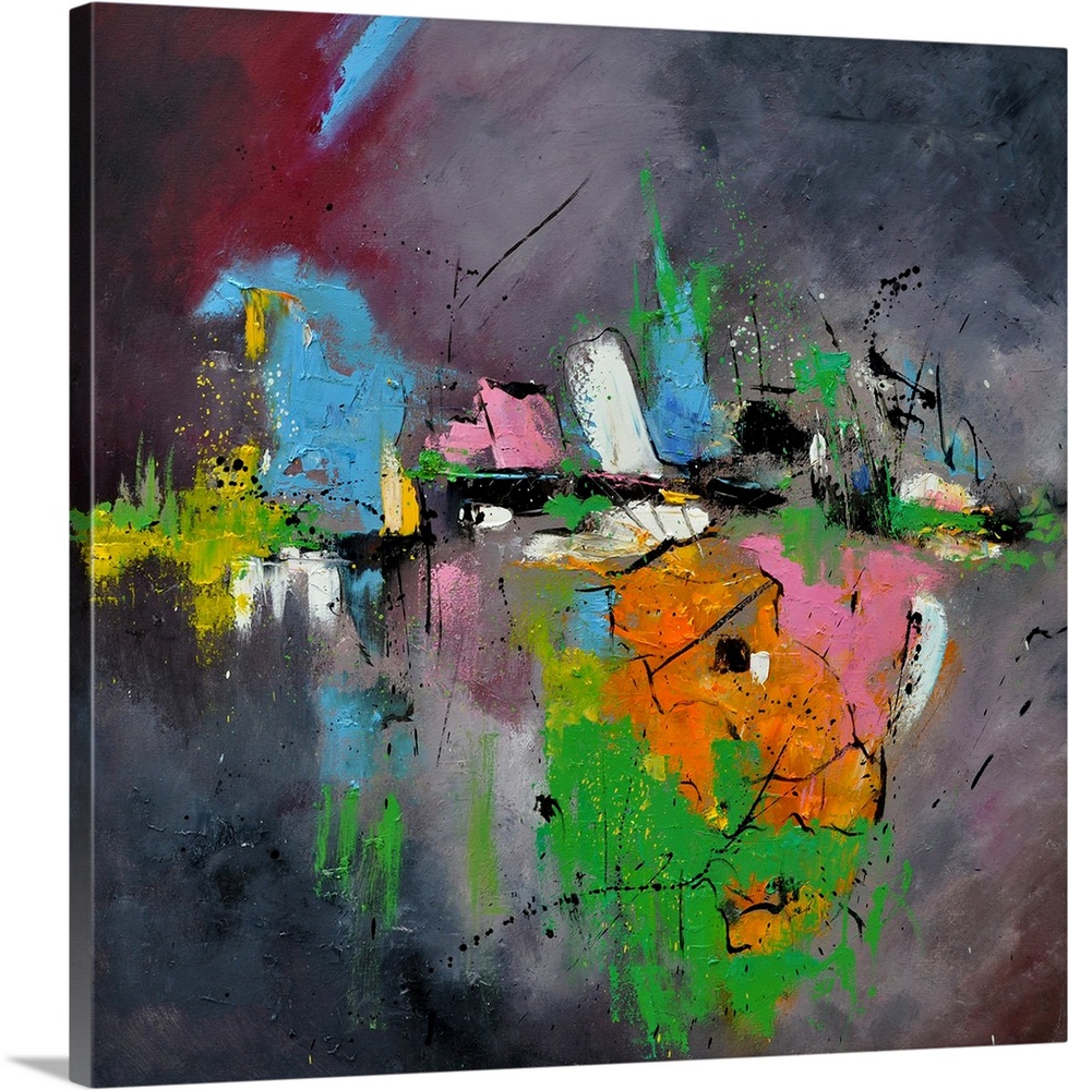 Abstract painting with vibrant hues in shades of green, yellow, blue, pink, orange, and white mixed in with black contrast...