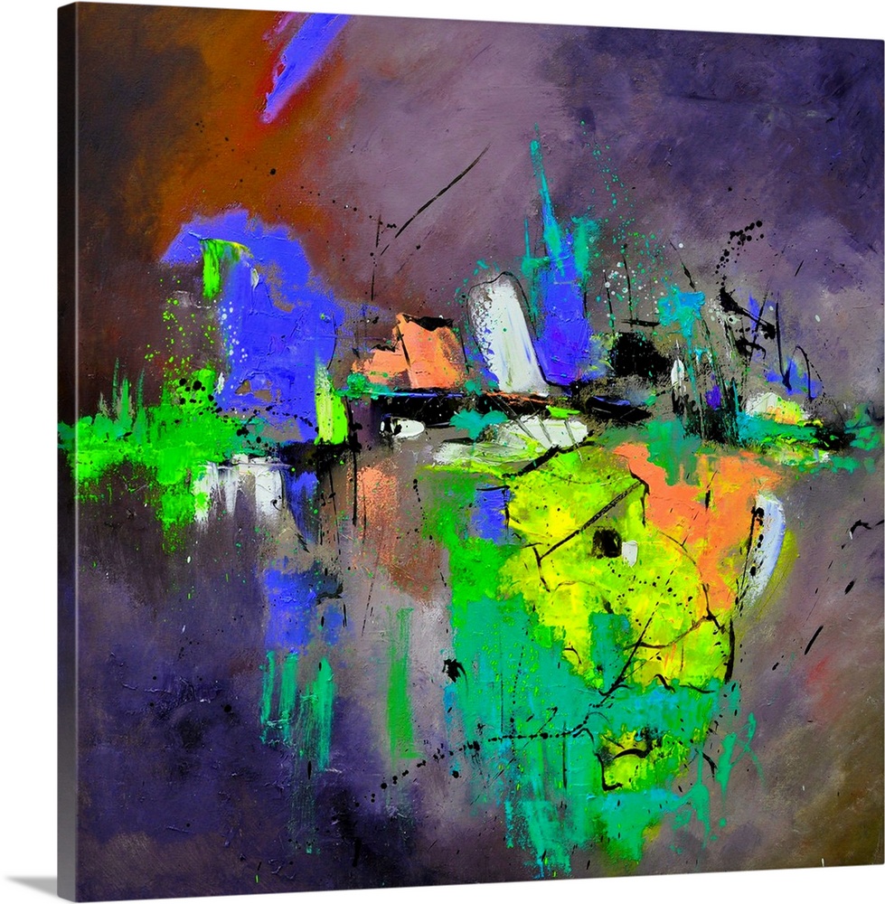 Abstract painting in shades of yellow, blue, green and white mixed in with black contrasting designs.