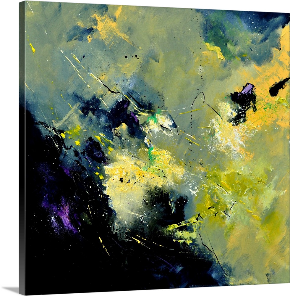 A square abstract painting in dark shades of black, blue, purple and yellow with splatters of paint overlapping.