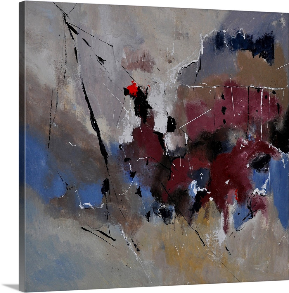A square abstract painting in dark textured shades of brown, blue and gray with splatters of paint overlapping.