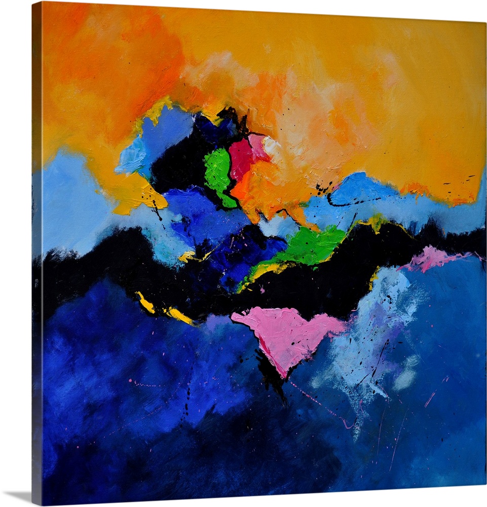 Abstract square painting in shades of orange, blue, pink and green mixed in with black contrasting designs.