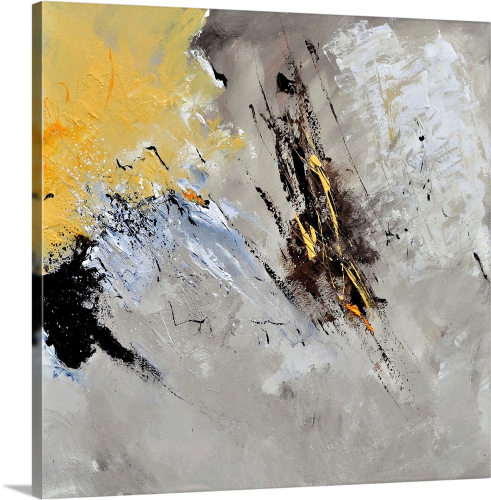 Abstract painting in shades of black, gray, white and yellow with splatters of paint overlapping.