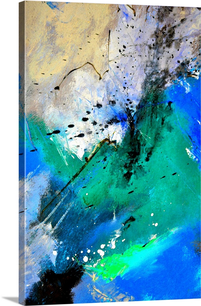 Abstract vertical painting in shades of black, blue, white and yellow with splatters of paint overlapping.