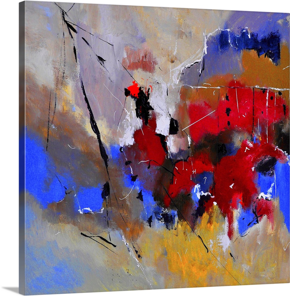 Abstract painting in shades of red, blue, gray and purple mixed in with black contrasting designs.