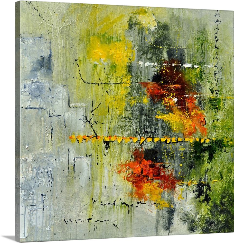 A square abstract painting in textured shades of gray, orange, green and yellow with splatters of paint overlapping.