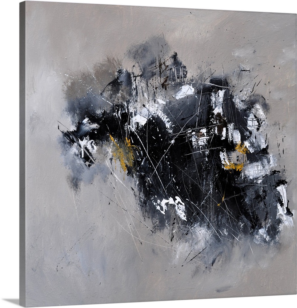 A square abstract painting in textured shades of black and gray with splatters of paint overlapping.