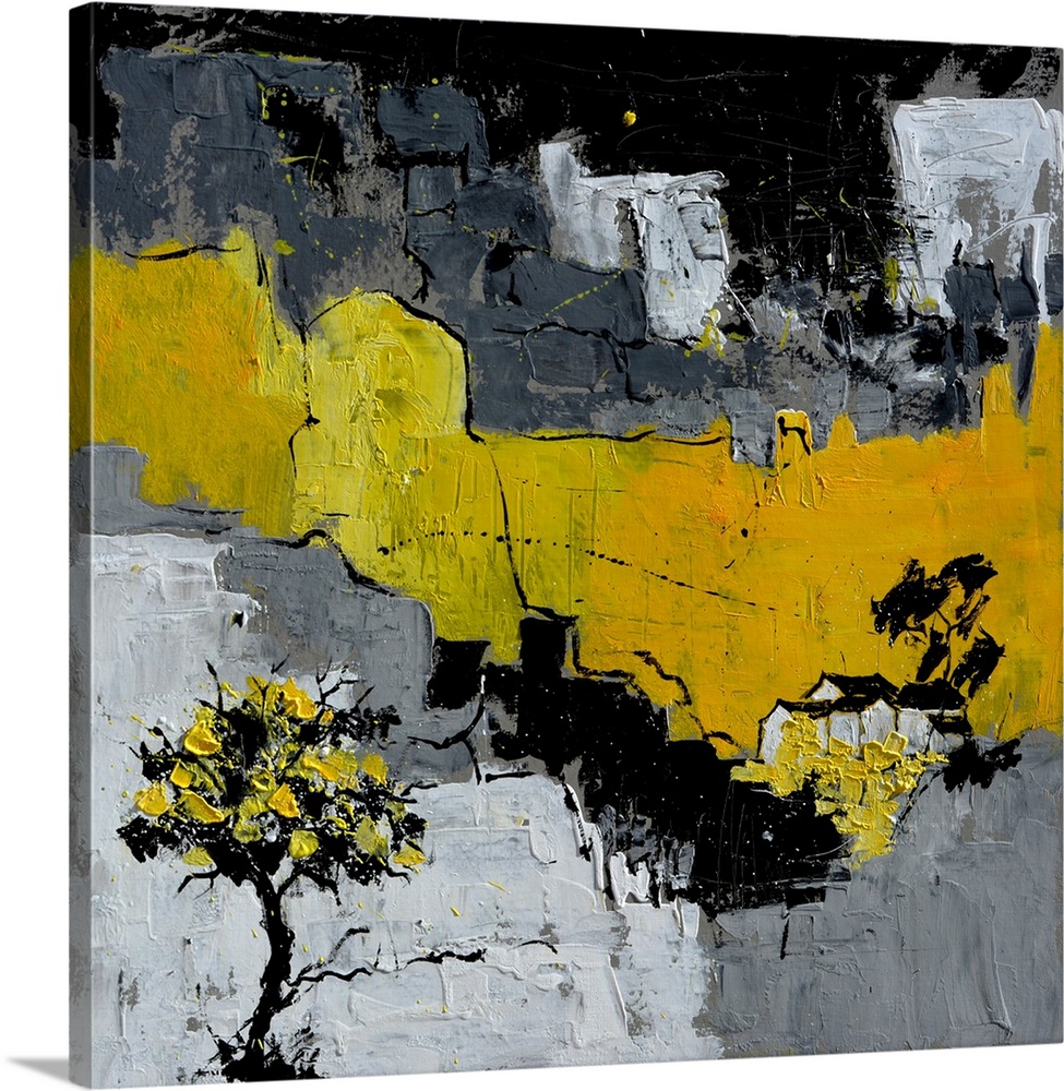 A square abstract painting in textured shades of black, gray and yellow with splatters of paint overlapping.
