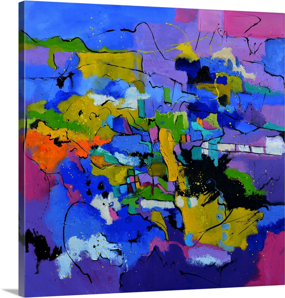 A square abstract painting in dark shades of purple, blue, white and yellow with splatters of paint overlapping.