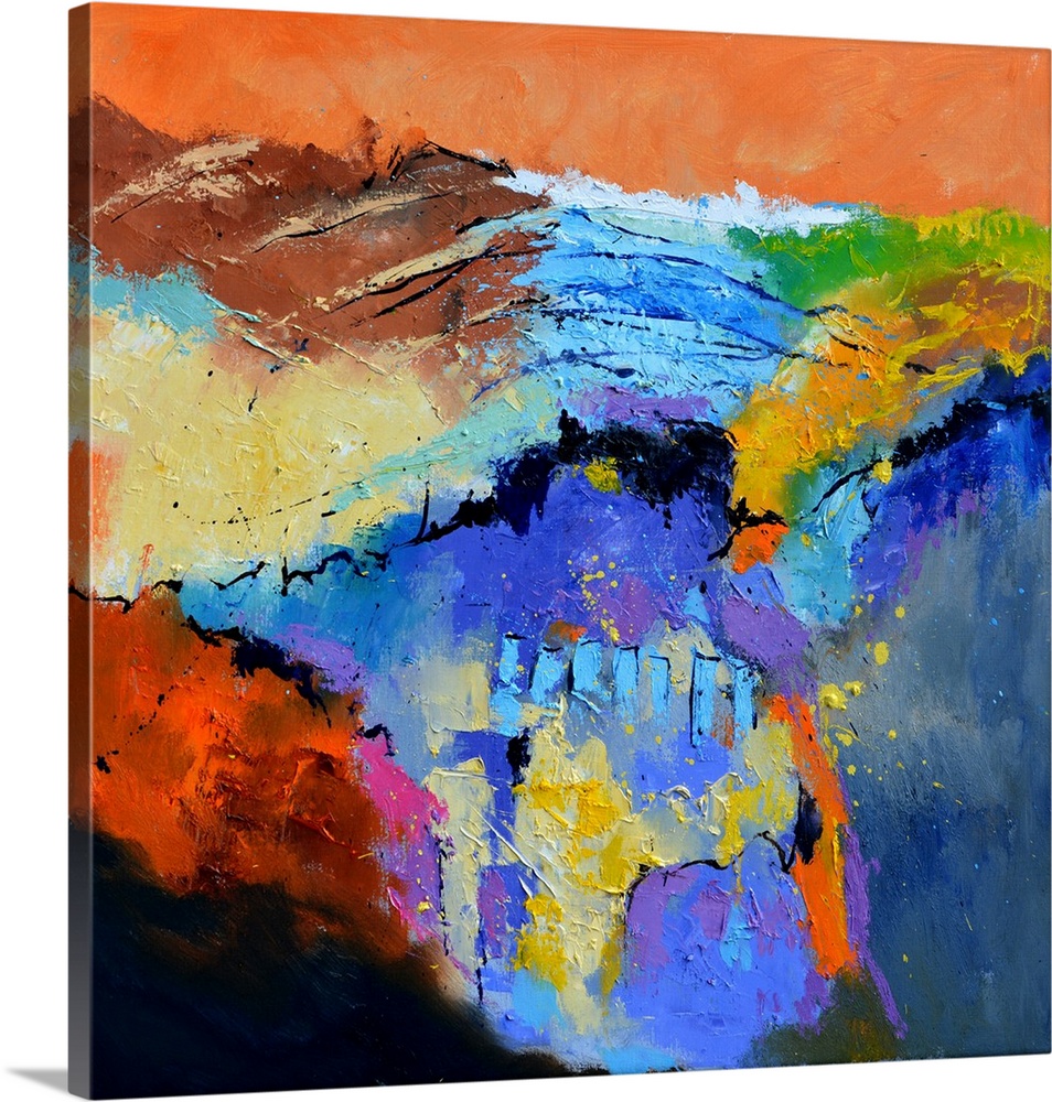 A square abstract painting in textured shades of orange, blue, red and yellow with splatters of paint overlapping.