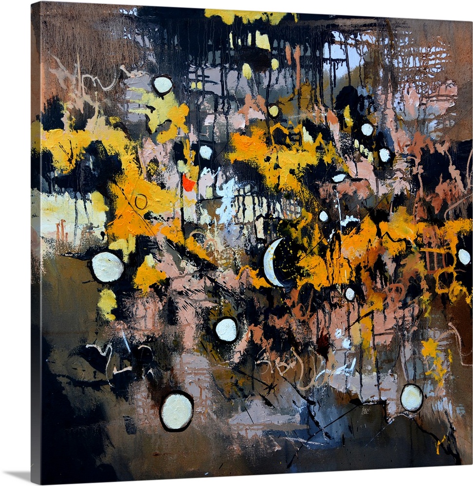 A square abstract painting in dark shades of black, brown, white and orange with splatters of paint overlapping.