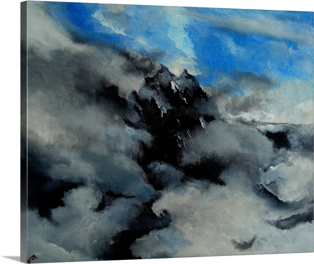 A horizontal abstract painting of colors of black, white and blue in bold brush strokes and splattered paint.