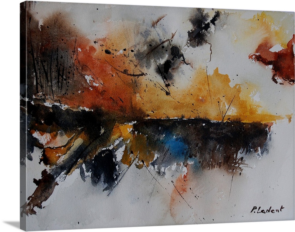 A horizontal watercolor landscape in blotches of color in brown, orange, yellow and blue.