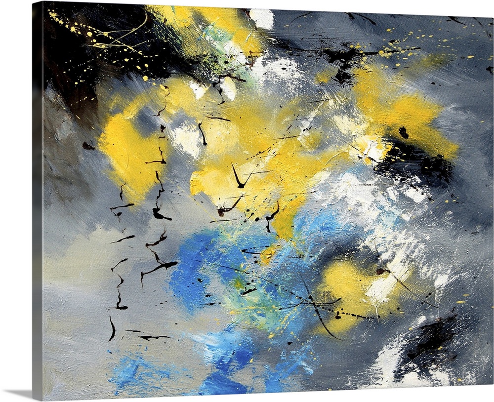 Abstract painting in shades of yellow, blue, gray and white mixed in with black contrasting designs.