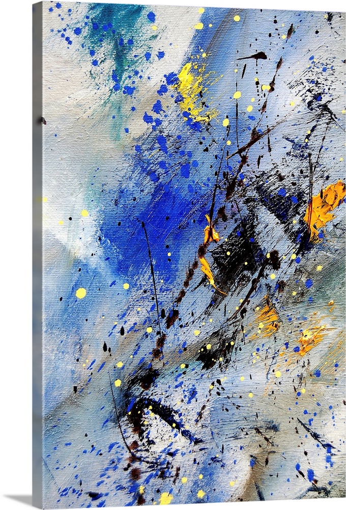 Vertical abstract painting in shades of orange, yellow, blue, and black mixed in with speckled paint overlapping.