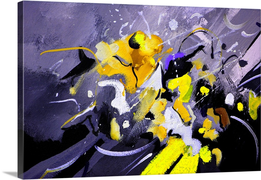 A horizontal abstract painting in textured shades of purple, white and yellow with splatters of paint overlapping.
