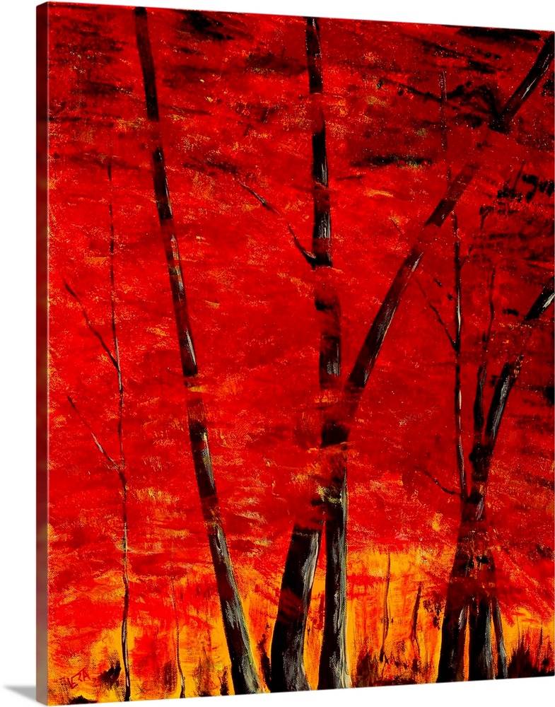 A intense contemporary painting of trees in a forest, with leaves of red and yellow.