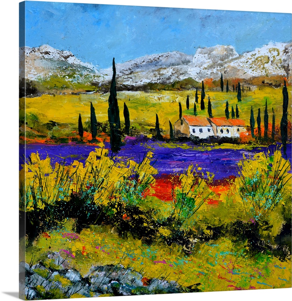 Vibrant painting of a bright Summer day with a house next to a river and mountains in the distance.