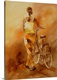 image thumbnail of Vertical painting of a woman walking away while pushing a bicycle, done in shades of brown, orange and yellow.