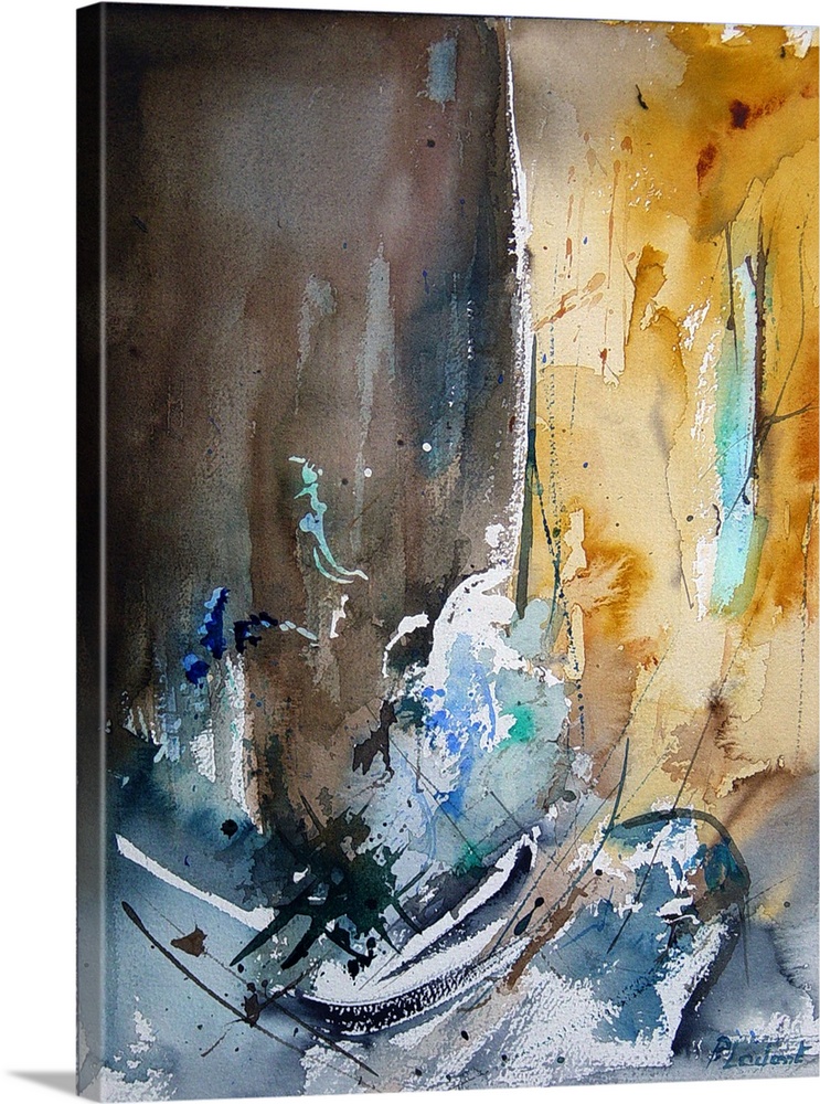 A vertical abstract painting in dark shades of brown, blue, white and yellow with splatters of paint overlapping.