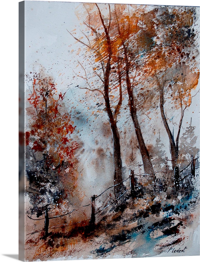 Watercolor painting of trees in a forest done in muted colors of brown, gray and blue.