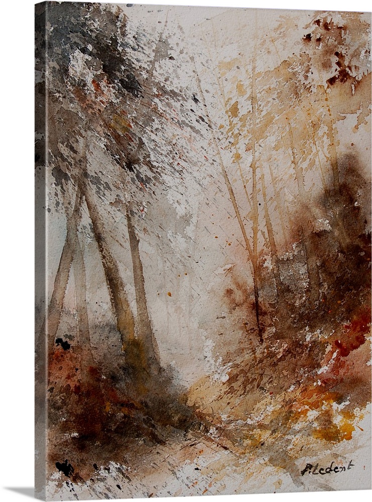 A subdue watercolor painting of a path through a forest.