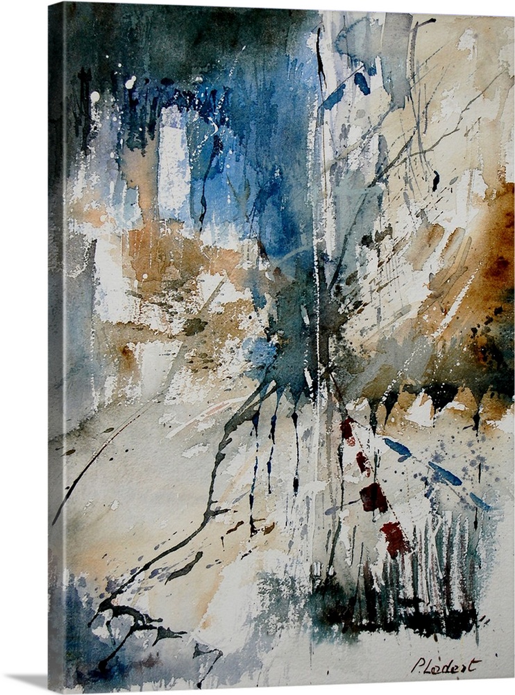 A vertical abstract painting with muted colors of gray, brown and brown.