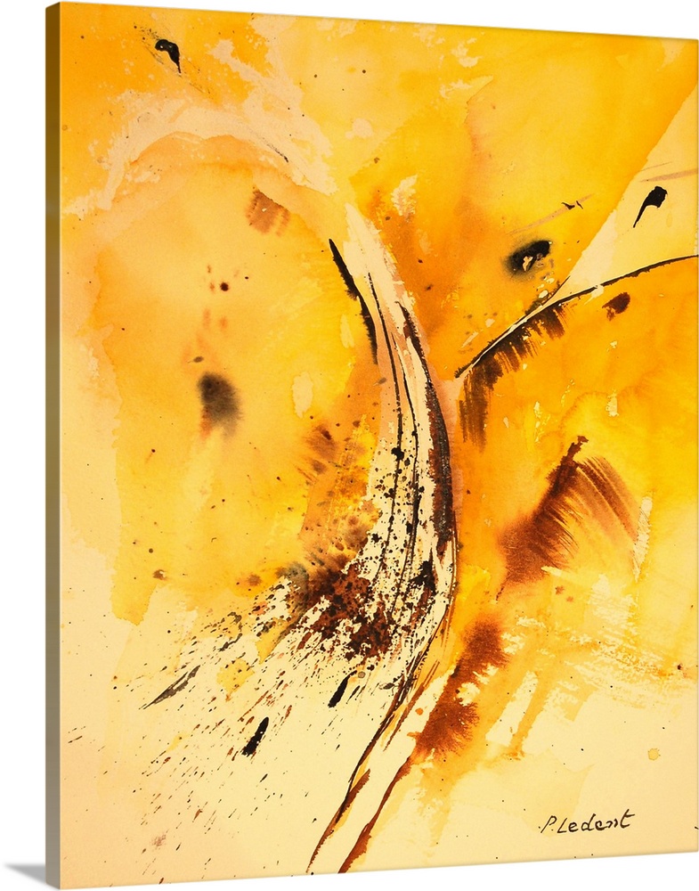 A vertical abstract painting in shades of brown and yellow with splatters of paint overlapping.