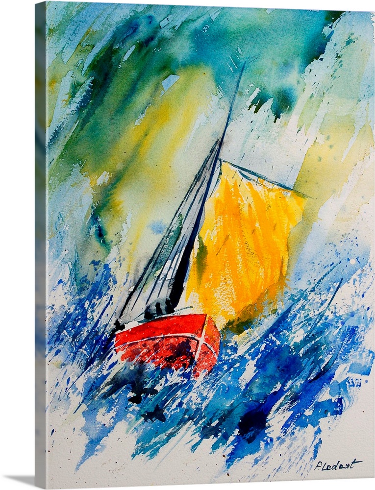 A watercolor painting done in primary colors of a sailboat during rough winds.