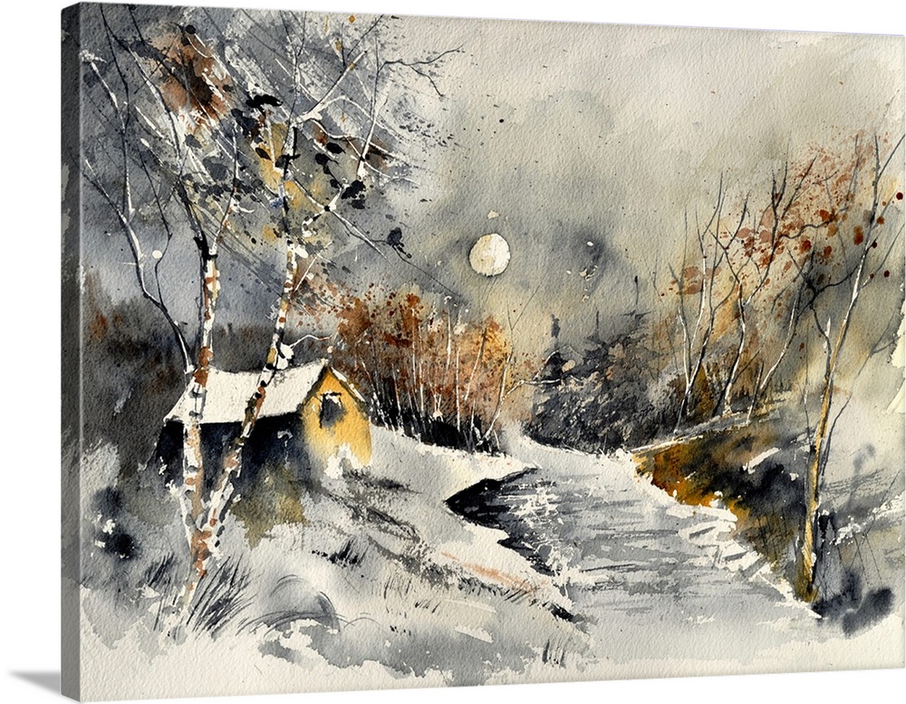 A horizontal watercolor landscape of a small house next to a river with muted colors.