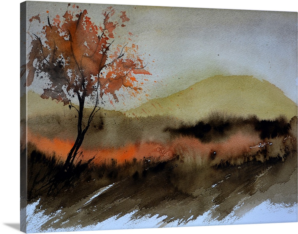A watercolor painting done in muted colors of a tree in a field with mountains in the background.