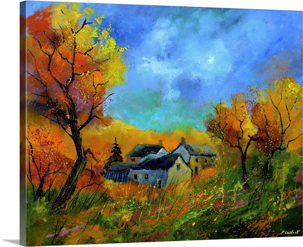 Contemporary abstract painting of a landscape in autumn.