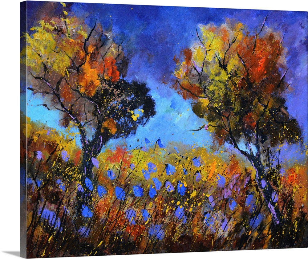 Contemporary abstract landscape painting in vibrant hues.