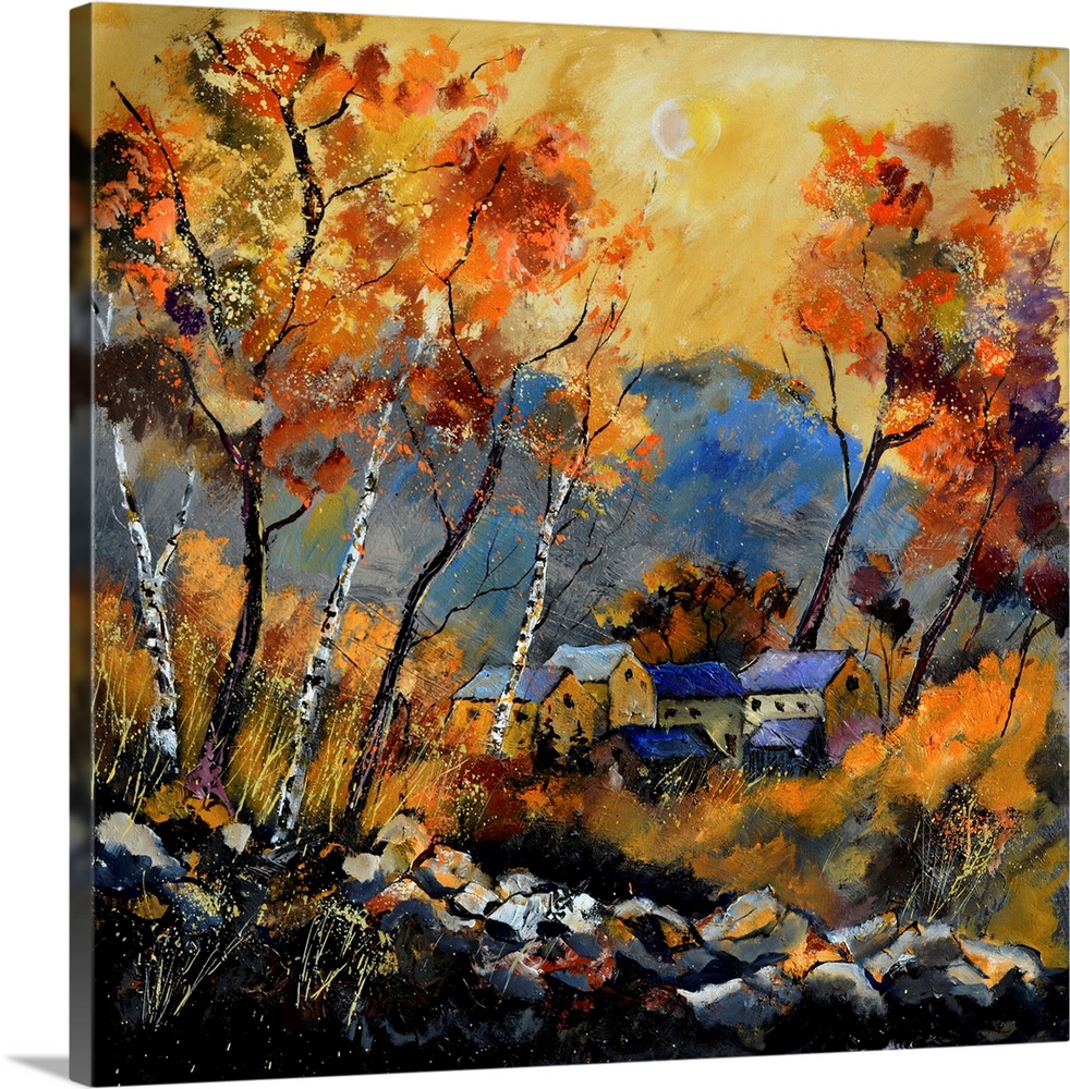 Vibrant painting of a fall day with golden trees, a colorful sky, and a village in the distance.