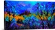 image thumbnail of Horizontal painting landscape of blue trees in the foreground and a bright warm sky in the background.