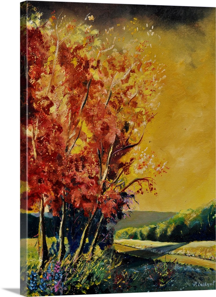 Vertical painting of lively orange leaved  trees on an autumn day.