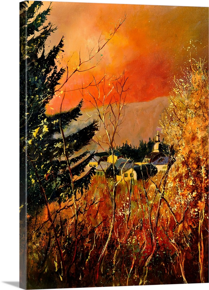 Vertical painting of an Autumn landscape with orange and yellow flowers in the foreground and a bright warm sky in the bac...