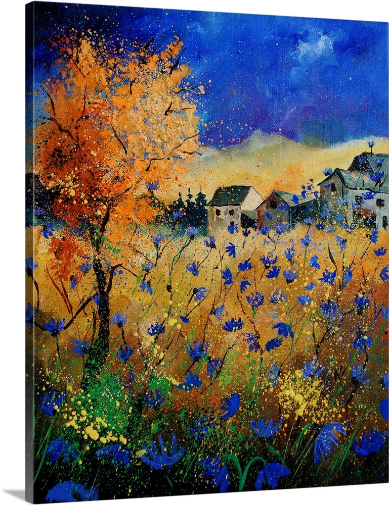 A vertical abstract landscape of a field of blue flowers in front of a village.