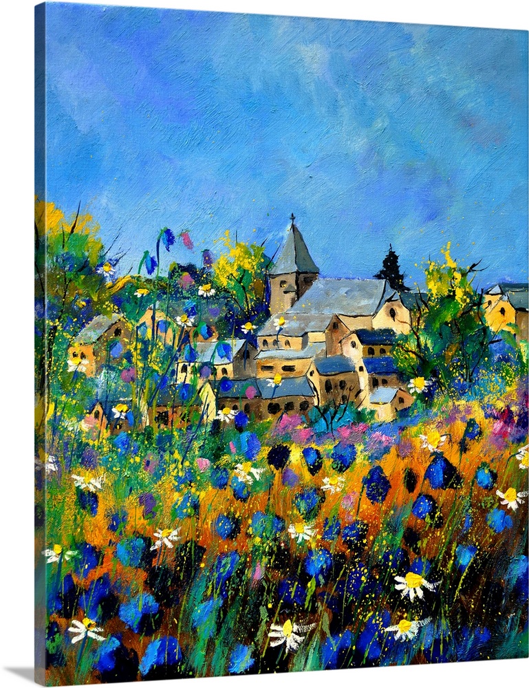 Vertical painting of a field of colorful flowers in the foreground and a Belgium village in the background with a blue sky...