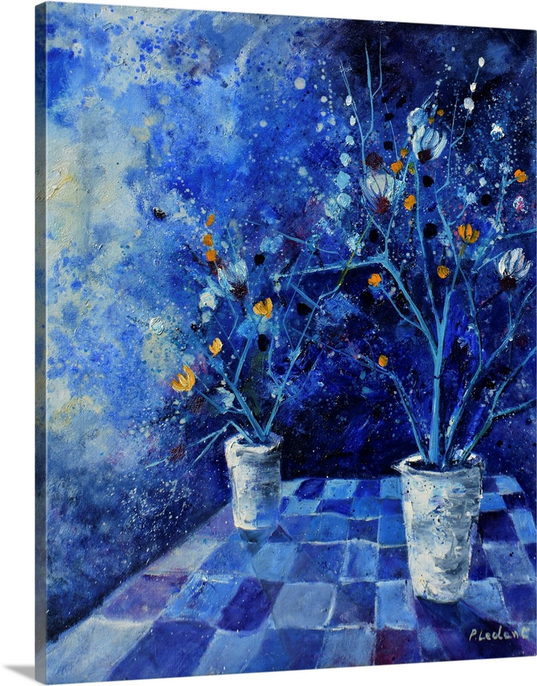 Contemporary abstract painting of two vases of flowers in monochromatic blue.