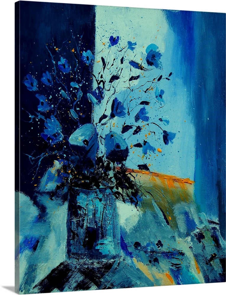 Vertical painting of a vase of flowers in varies shades of blue tones.