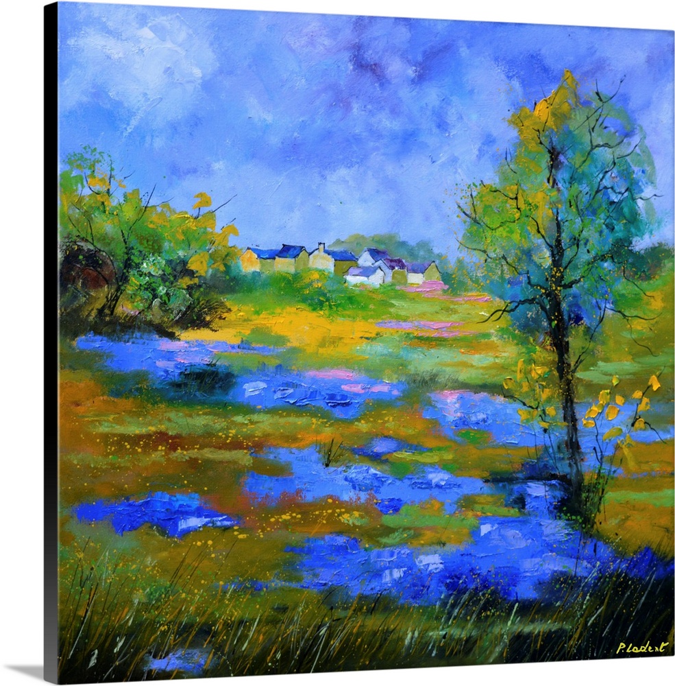 Contemporary landscape painting of a field of blue cornflowers.