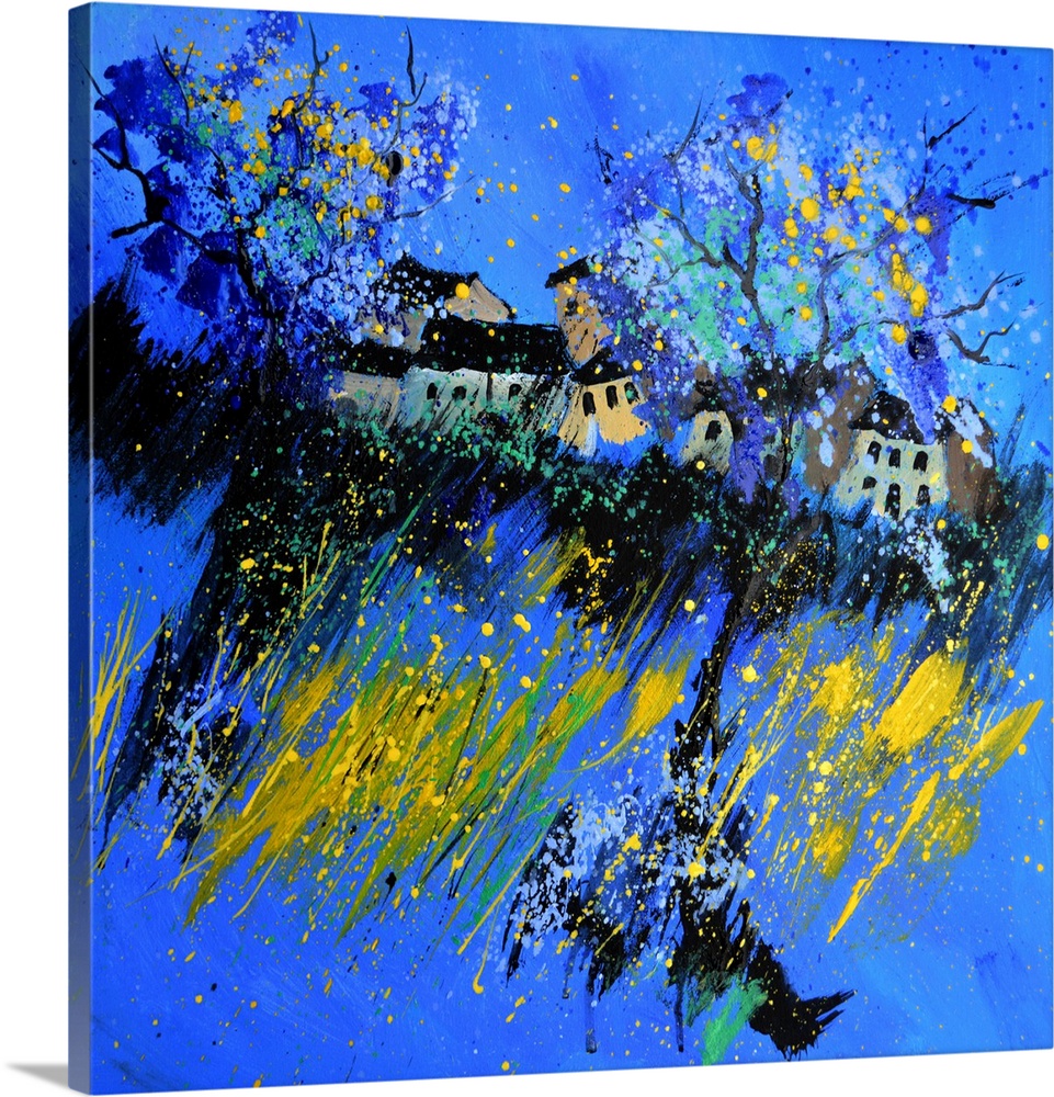 Square abstract painting made in shades of blue, yellow and white with a small hint of pink representing a village.
