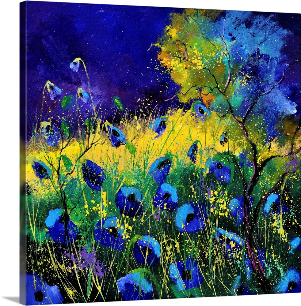 Vibrant painting of blue poppies in a filed with a dark sky.