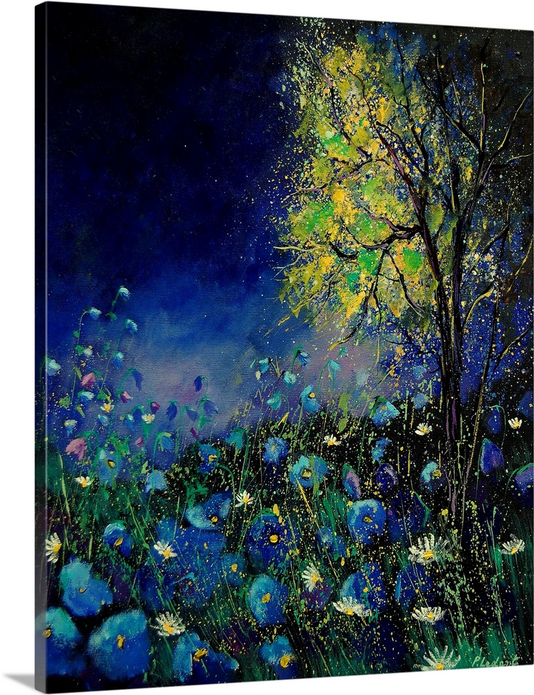 Vertical painting of a field of blue poppies with a tree with splatters of multi-color paint overlapping the image.