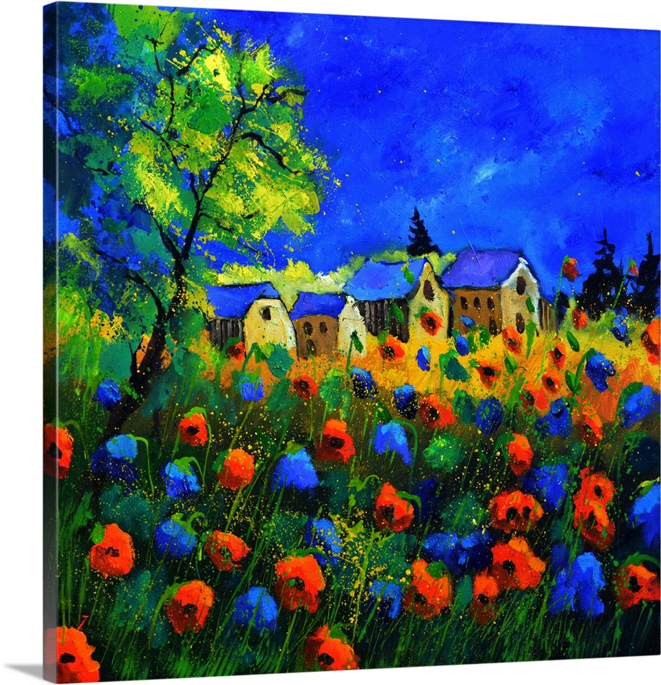 Vibrant painting of a bright Summer day with blossoming poppies, a colorful sky, and a village in the distance.