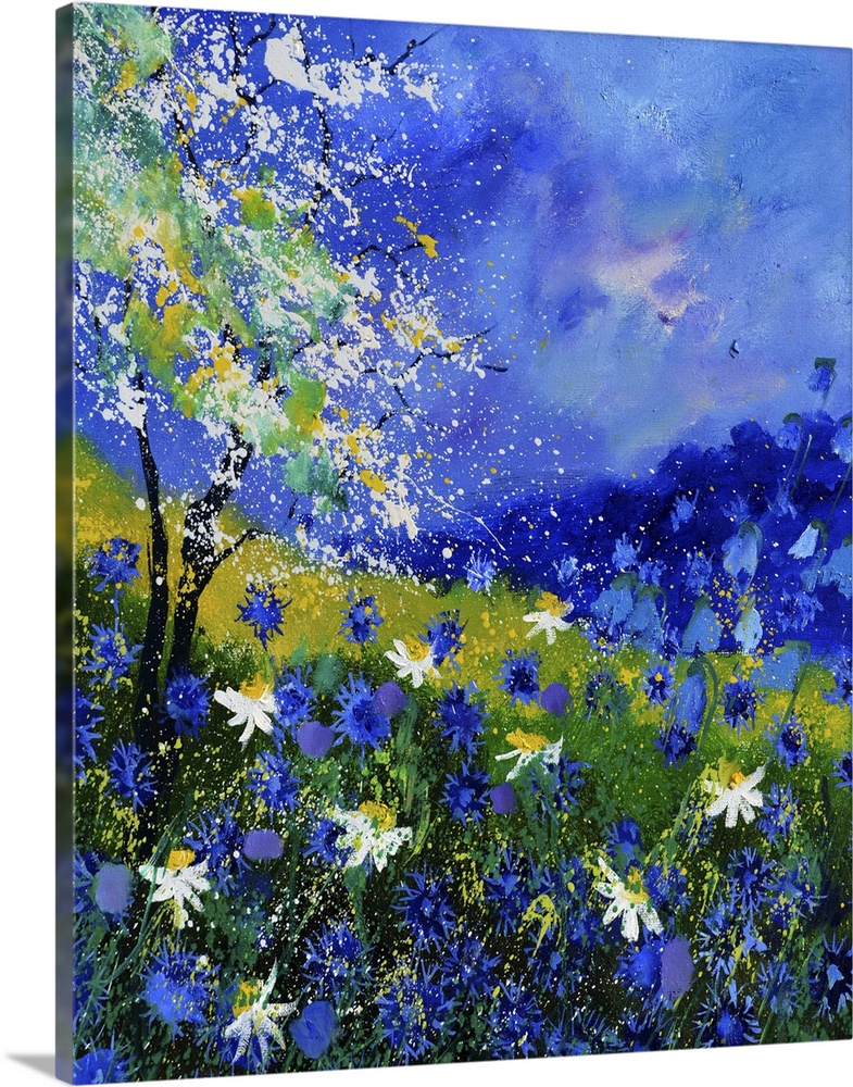 Vertical painting of colorful flowers in a garden and a bright blue sky with small speckles of paint overlapping.
