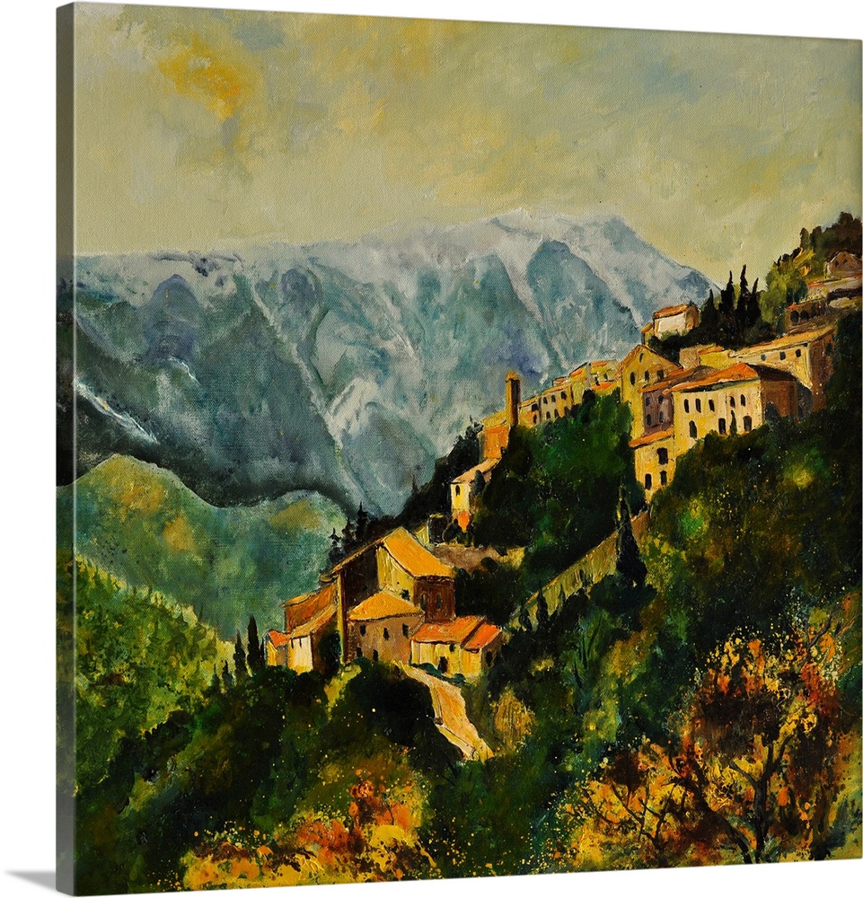 Landscape painting of the village of Brantes in France on a hill side with mountains near by and a warm yellow sky.