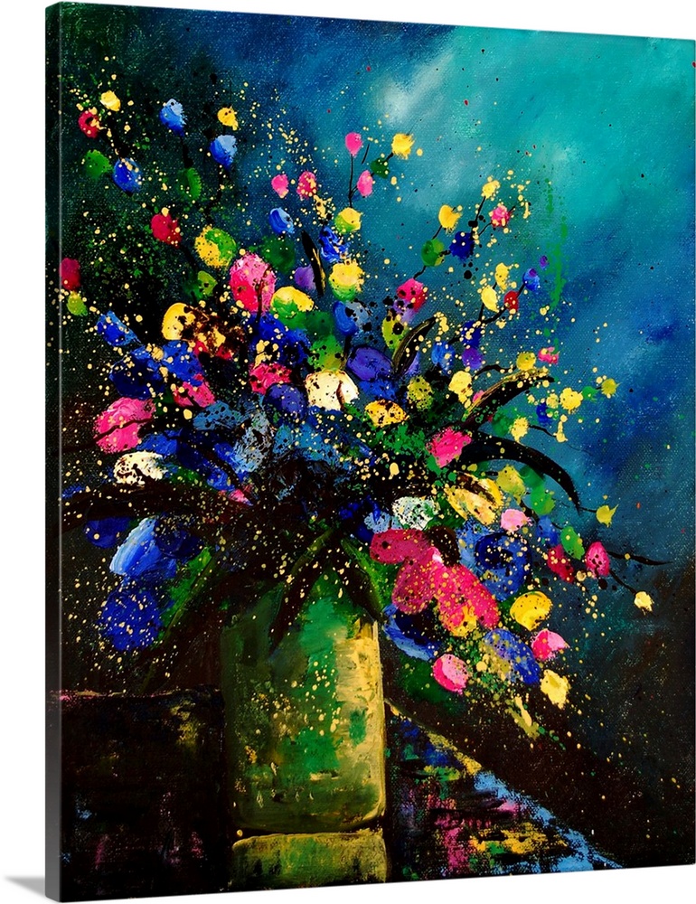 Vertical painting of a vase full of vibrant colored flowers against of blue and teal backdrop.